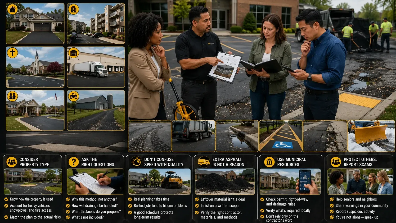 Infographic: match your paving plan to property type — ask the right questions, avoid extra-asphalt excuses, use municipal resources