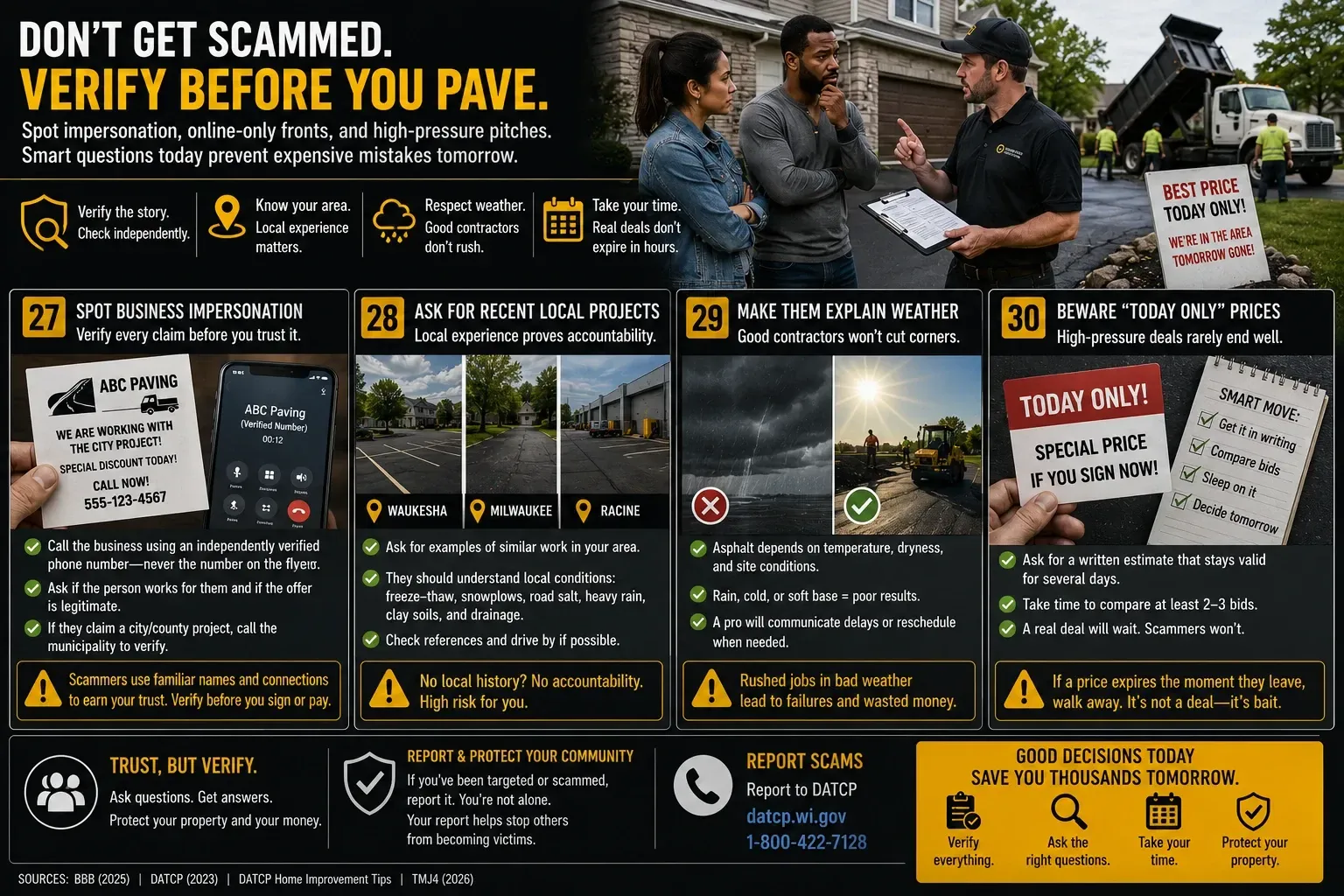 Infographic: verify before you pave — spot business impersonation, demand local references, beware same-day pricing, steps 27–30