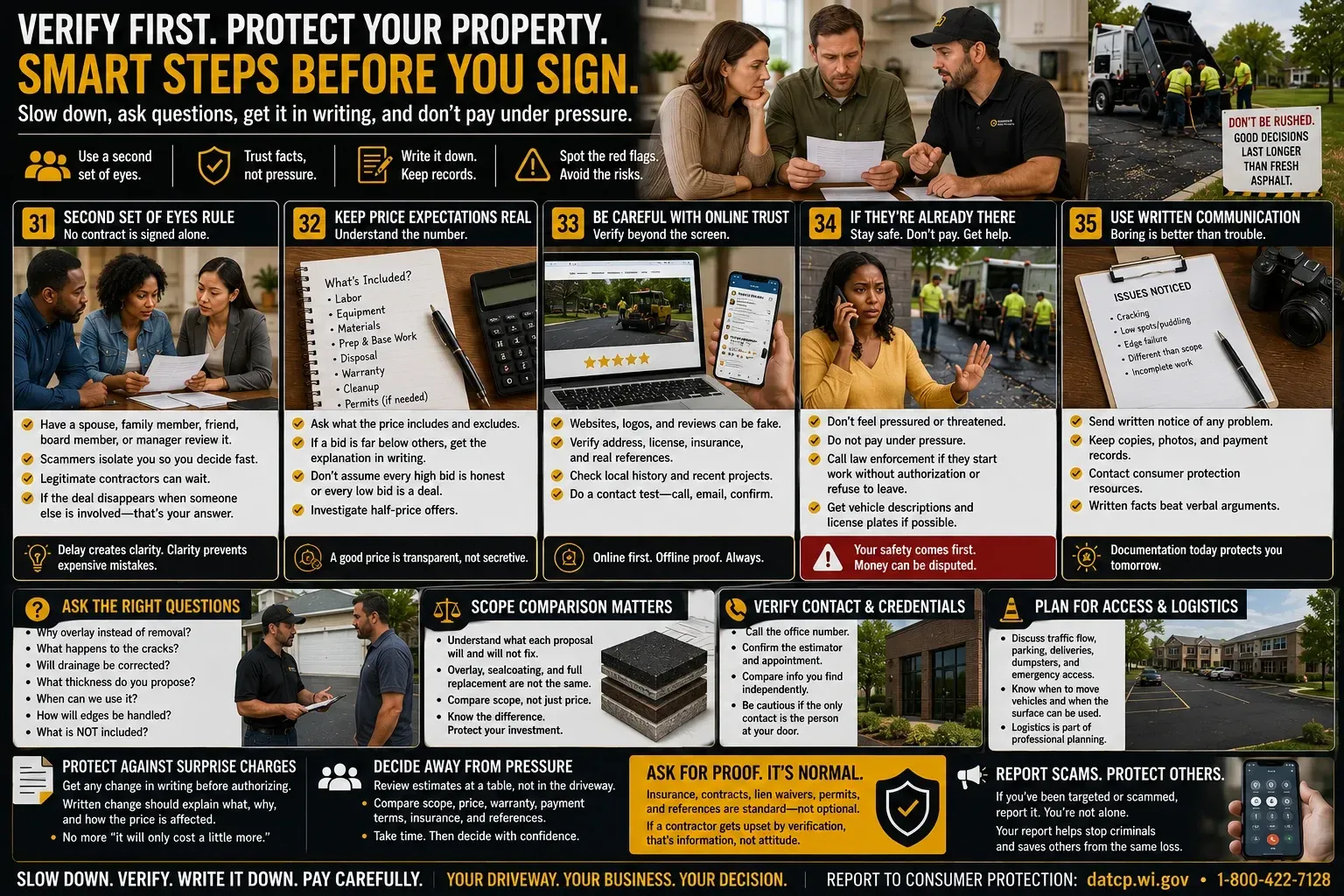 Infographic: smart steps before signing a paving contract — second set of eyes, scope comparison, verify contact info, steps 31–35