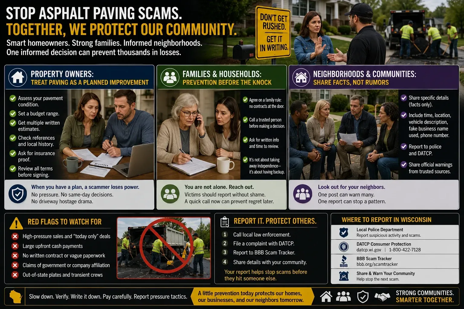 Infographic: stopping asphalt paving scams takes the whole community — tips for property owners, families, and neighborhoods in Wisconsin