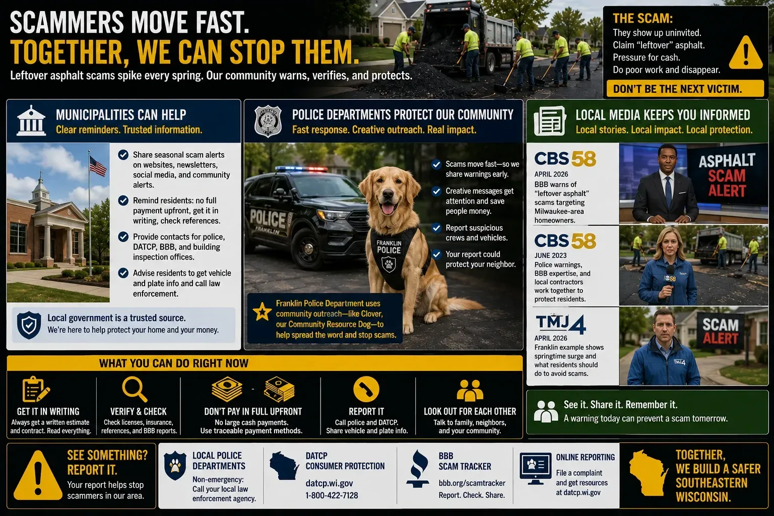 Infographic: municipalities, police, and local media help stop asphalt scams — CBS58 and DATCP community protection in southeastern Wisconsin
