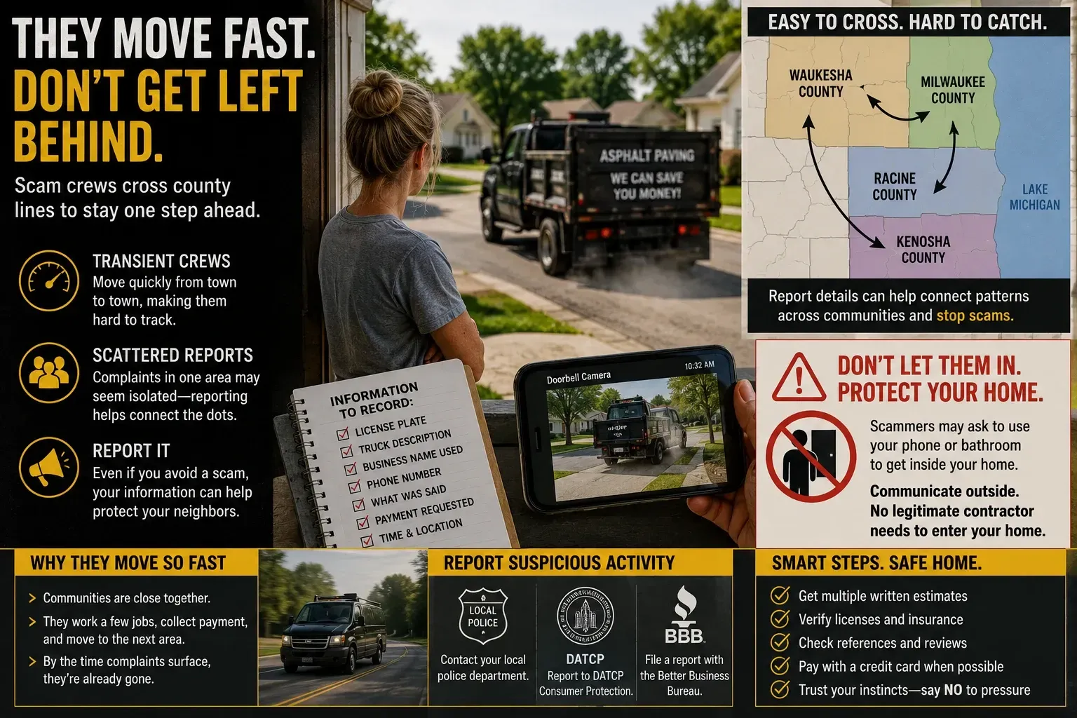 Infographic: scam paving crews cross county lines in southeastern Wisconsin — how to report suspicious activity and protect your home