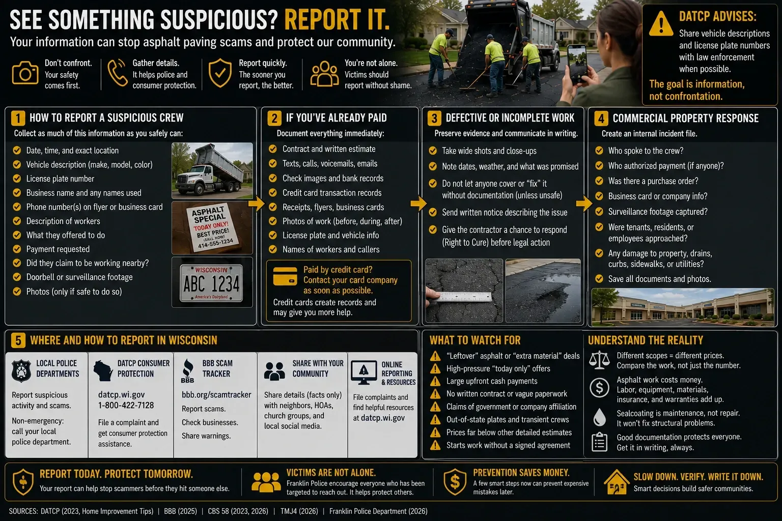 Infographic: see something suspicious, report it — how to document a scam crew, respond to defective work, and file a DATCP complaint