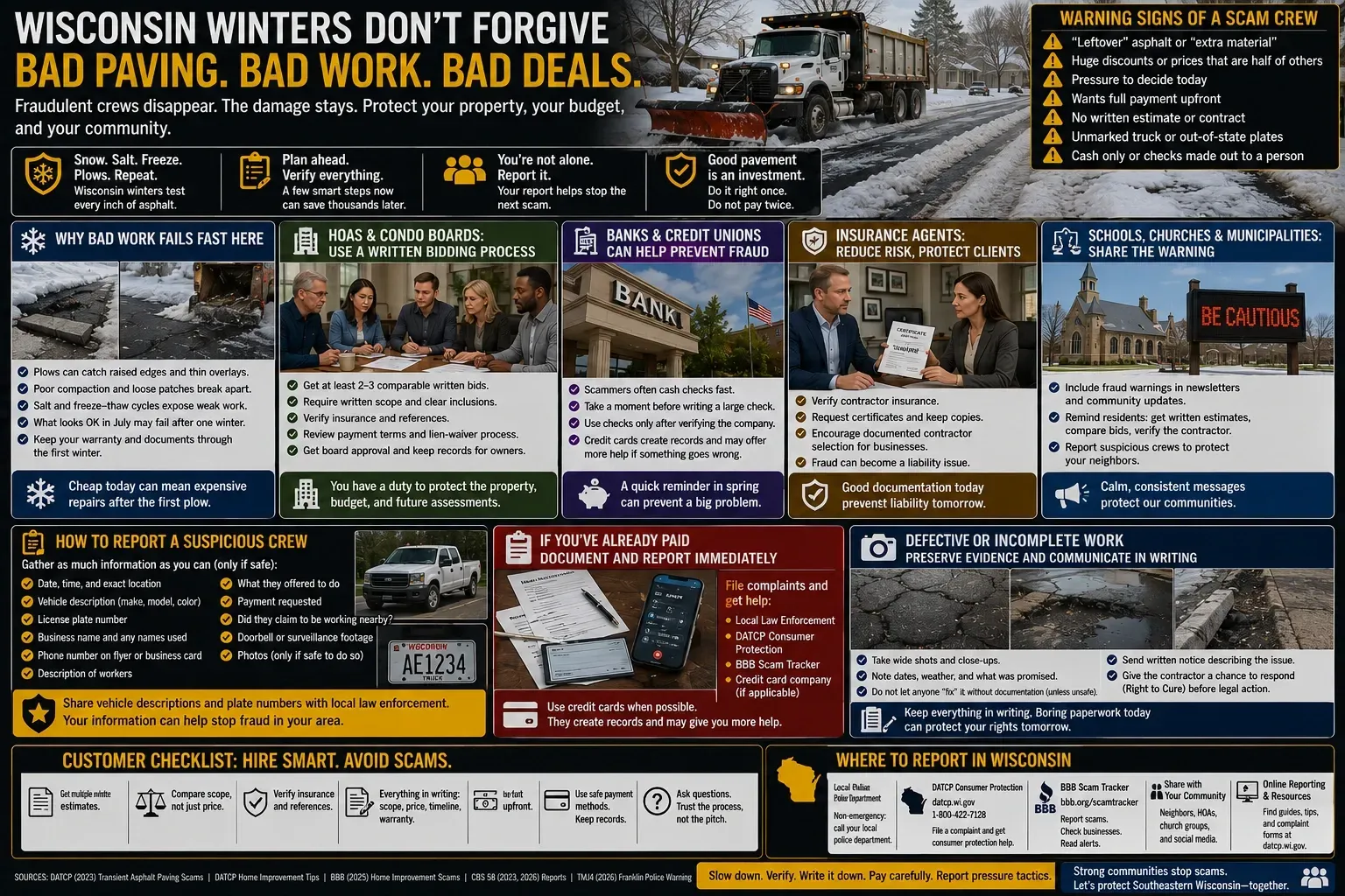 Infographic: Wisconsin winters expose bad paving fast — scam prevention checklist for HOAs, banks, insurance agents, and municipalities
