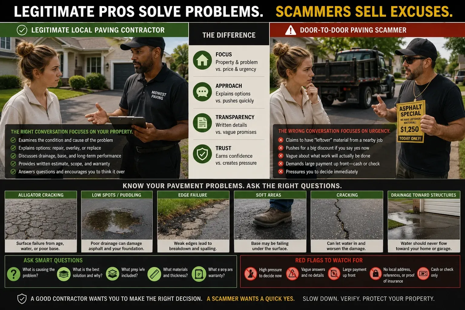 Infographic: legitimate asphalt contractor vs. door-to-door paving scammer — focus, transparency, and trust compared side by side