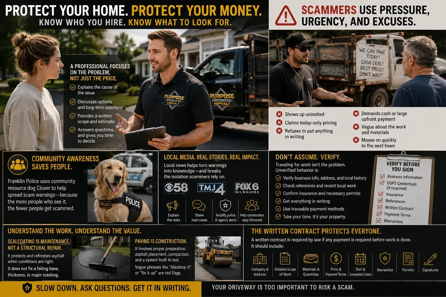 Infographic: protect your home from paving scammers — verify credentials, get it in writing, written contract required by law in Wisconsin