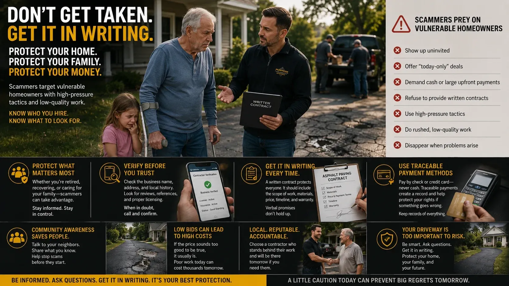 Infographic: don't get taken — get everything in writing before paving work begins, protect vulnerable homeowners from scam crews