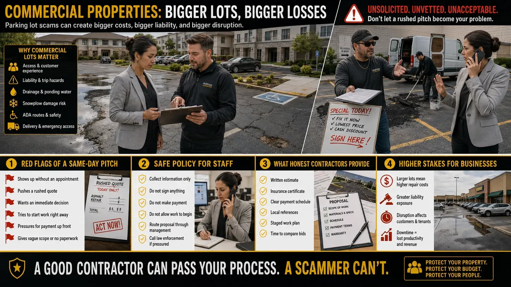 Infographic: commercial parking lot paving scams — bigger lots mean bigger losses, red flags of same-day pitches to businesses