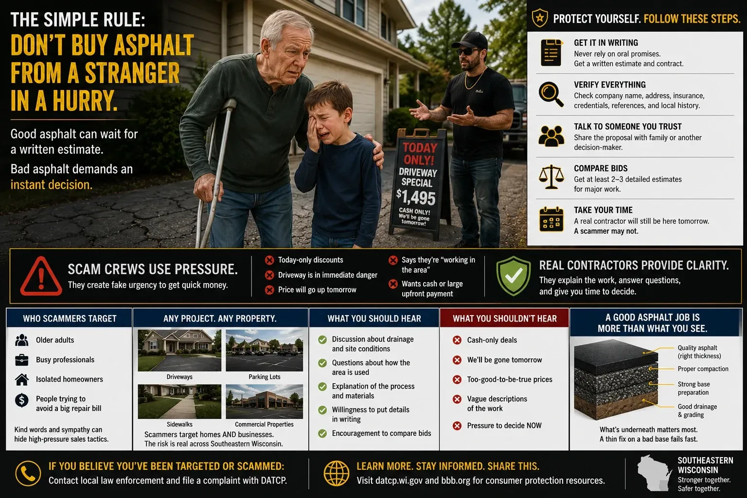 Infographic: don't buy asphalt from a stranger in a hurry — scam crews use pressure, real contractors provide written estimates