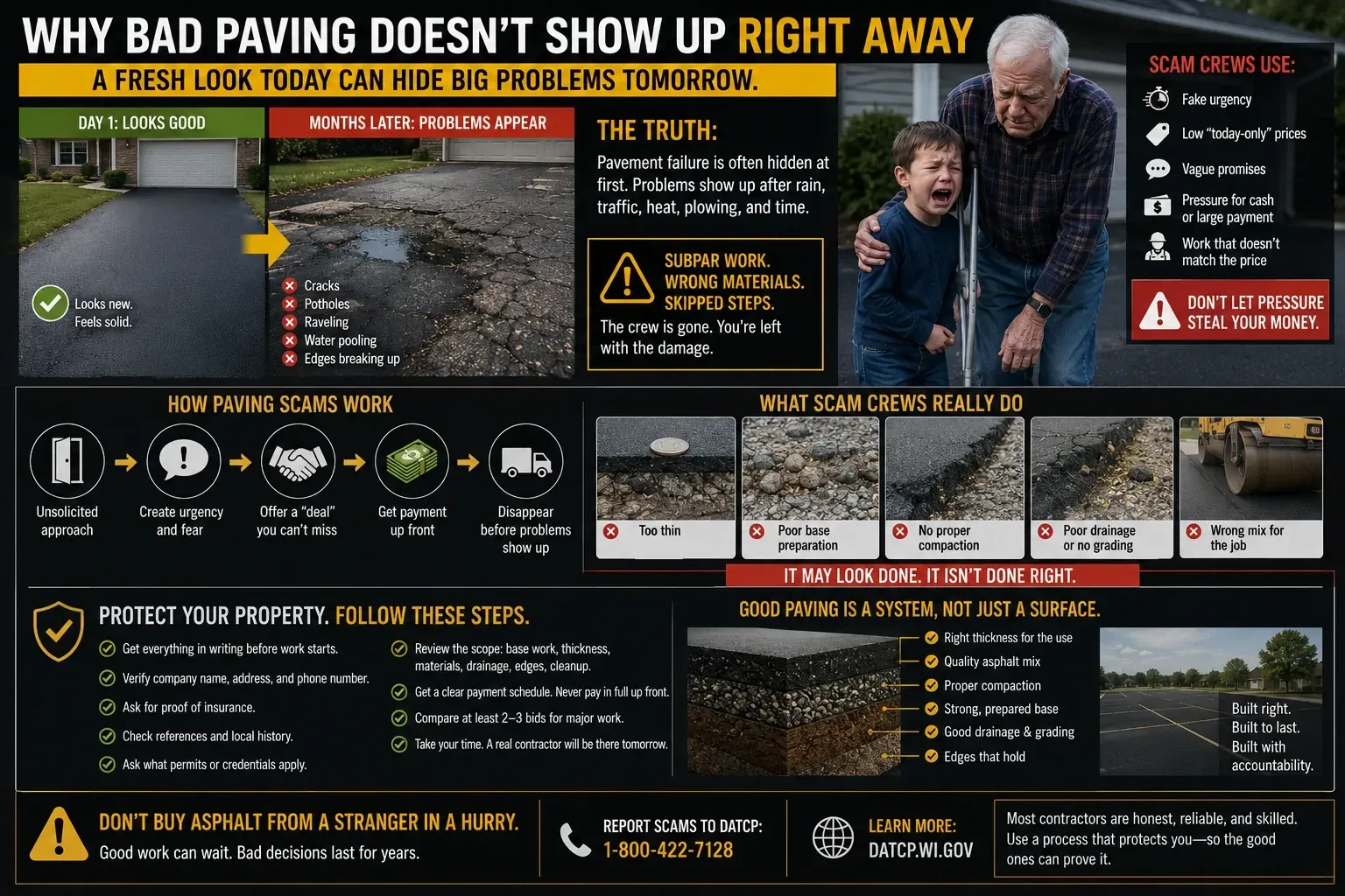 Infographic: bad asphalt paving hides problems for months — how scams work and why good paving is a system not just a surface
