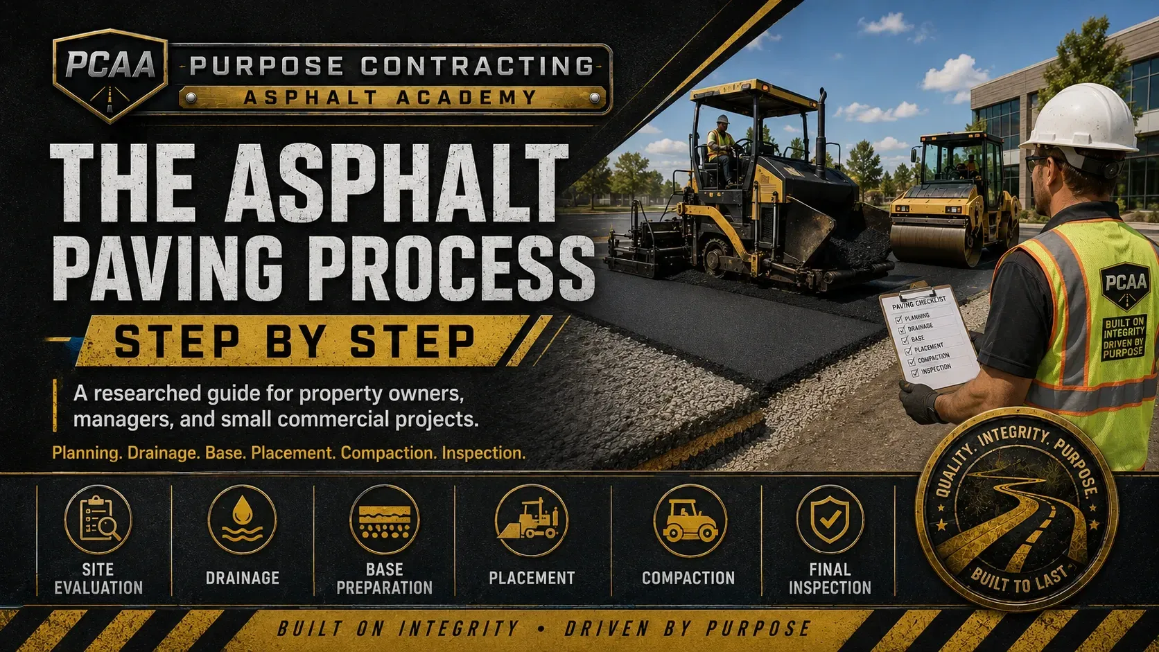 Cover image for The Asphalt Paving Process Step by Step, a researched guide from Purpose Contracting Asphalt Academy for property owners, managers, and small commercial projects. The image shows an asphalt paver and roller laying fresh blacktop on a parking lot, with a Purpose Contracting Asphalt foreman in a safety vest and hard hat holding a paving checklist covering planning, drainage, base, placement, compaction, and inspection. Six icon banners along the bottom mark the same six stages of the paving process. Tagline: Built on integrity, driven by purpose.