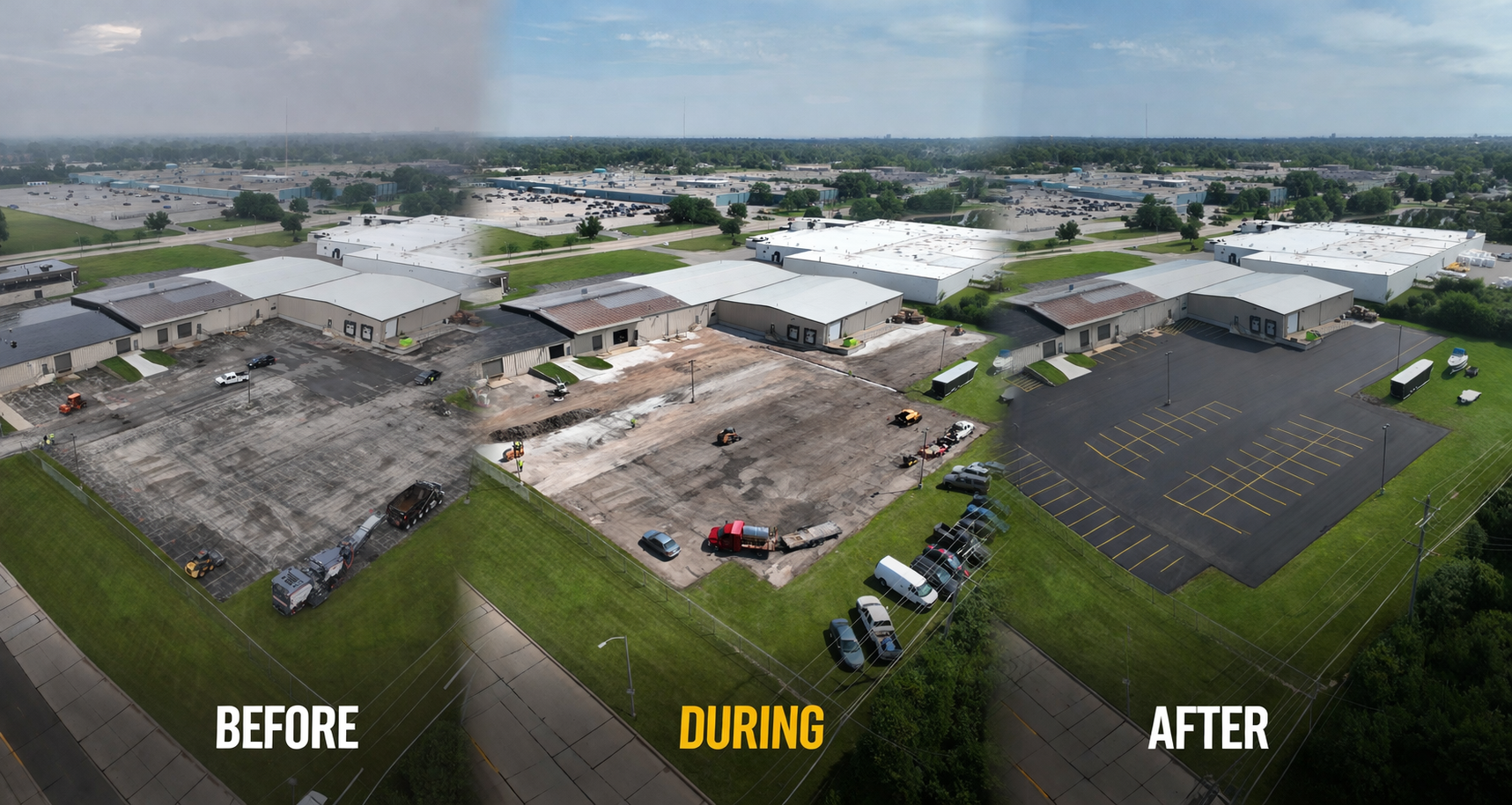 Aerial before-during-after view of a large property with roof damage, cleanup, and restoration progress