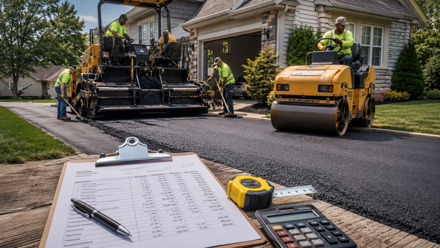 An asphalt crew is paving a driveway. The cost of the asphalt paving is calculated and written out on paper in front of the image.