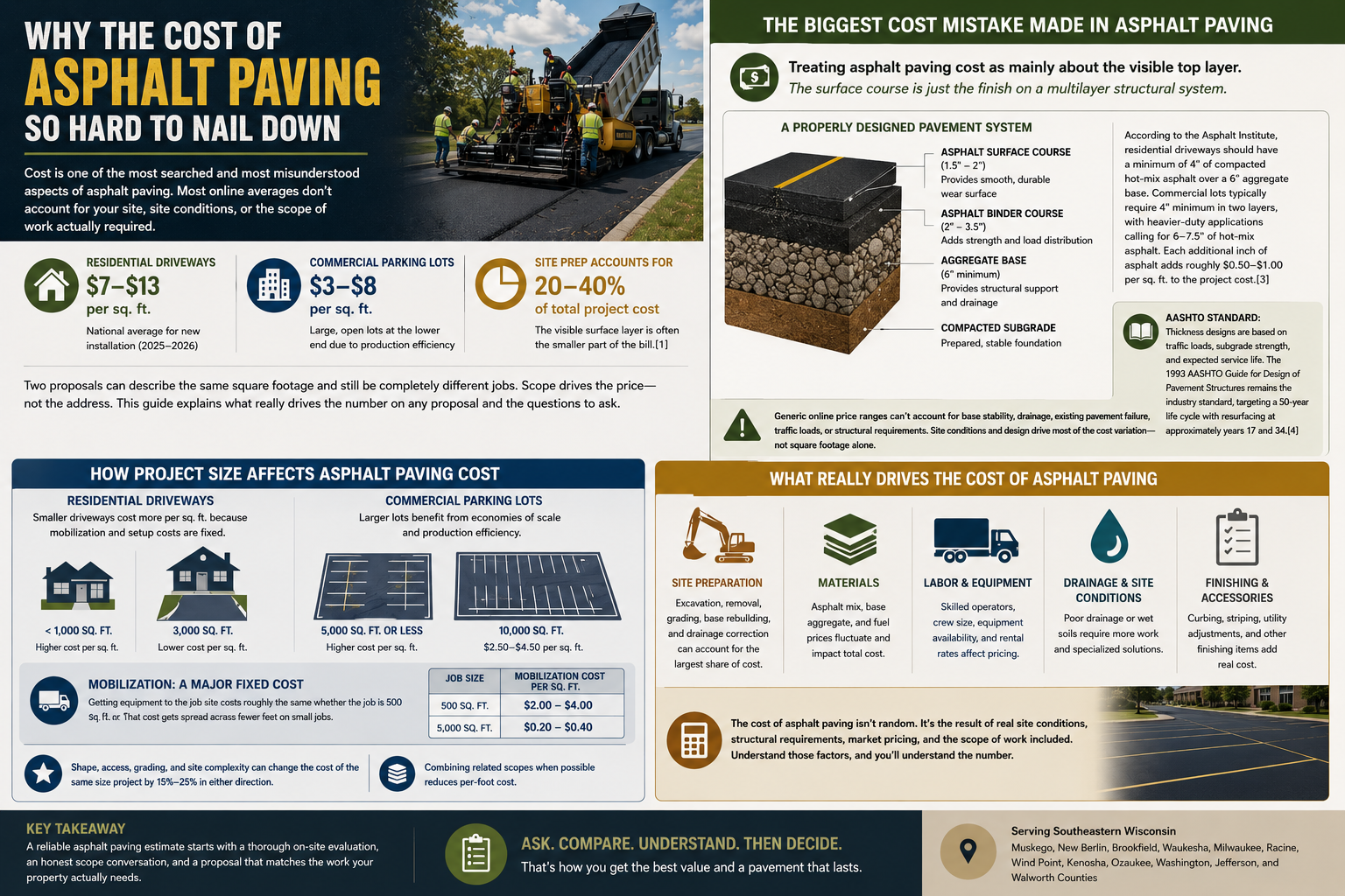Cover infographic for the Understanding Asphalt Paving Costs guide by Purpose Contracting Asphalt — a contractor reviews project plans at a commercial paving site with a paver machine and crew in the background, with key quality pillars listed below: proper structure, effective drainage, quality workmanship, and long-term value.