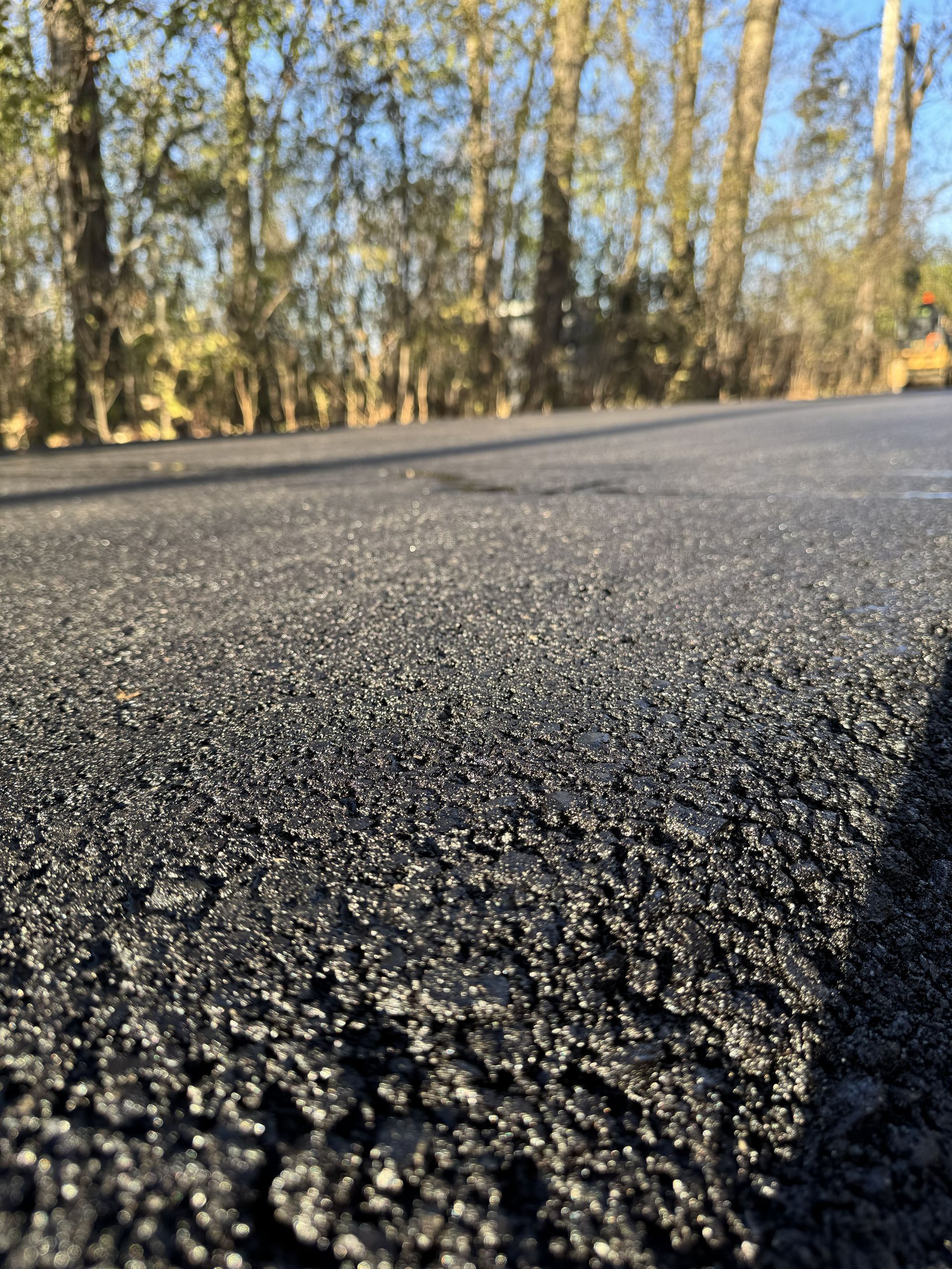Close-up of textured asphalt road with trees and sunlight in the background