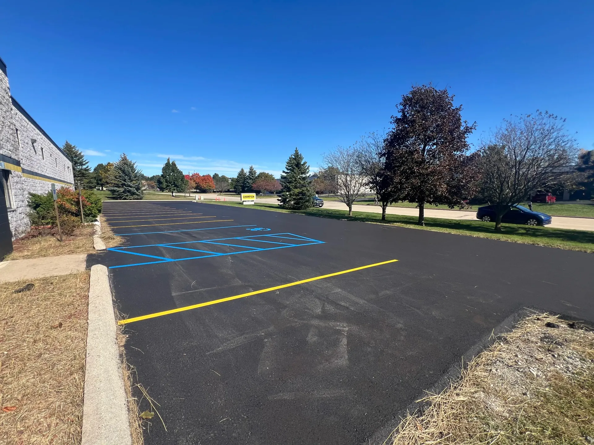 Empty parking lot with blue handicap markings, yellow curb lines, and trees under a clear blue sky