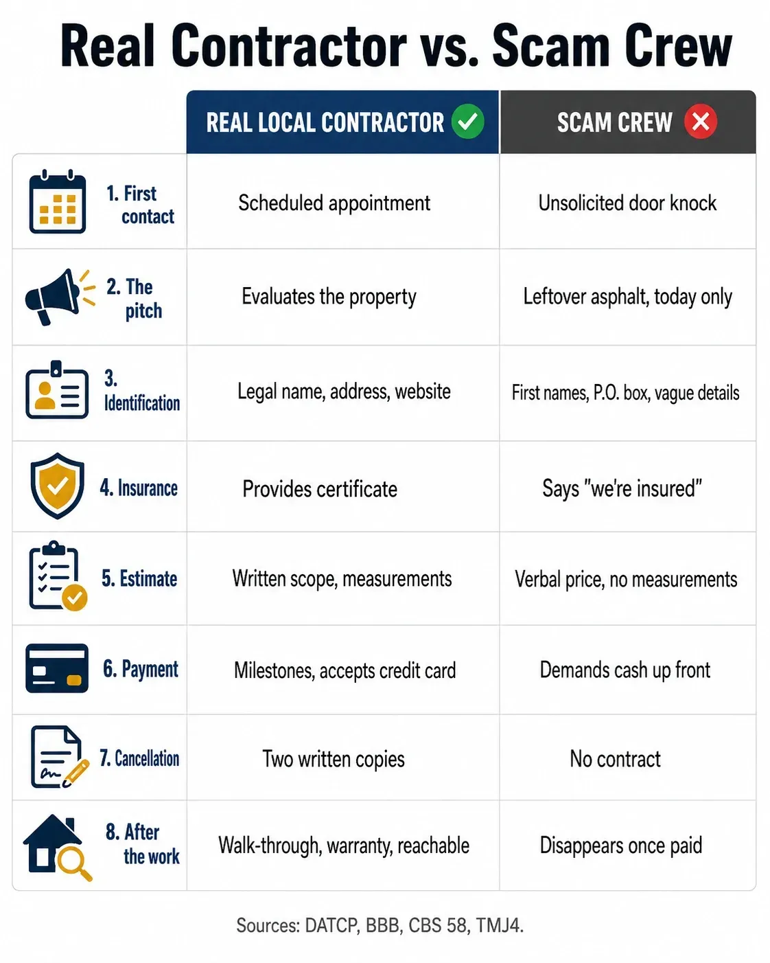 Comparison chart: real local asphalt contractor vs. scam crew across 8 categories including estimate, payment, and warranty