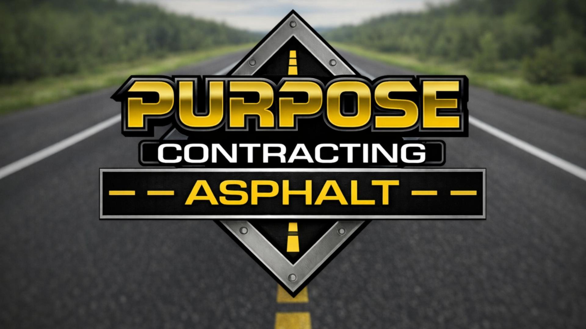Purpose Contracting Asphalt company logo on an asphalt road background, representing professional asphalt paving, sealcoating, and pavement services.