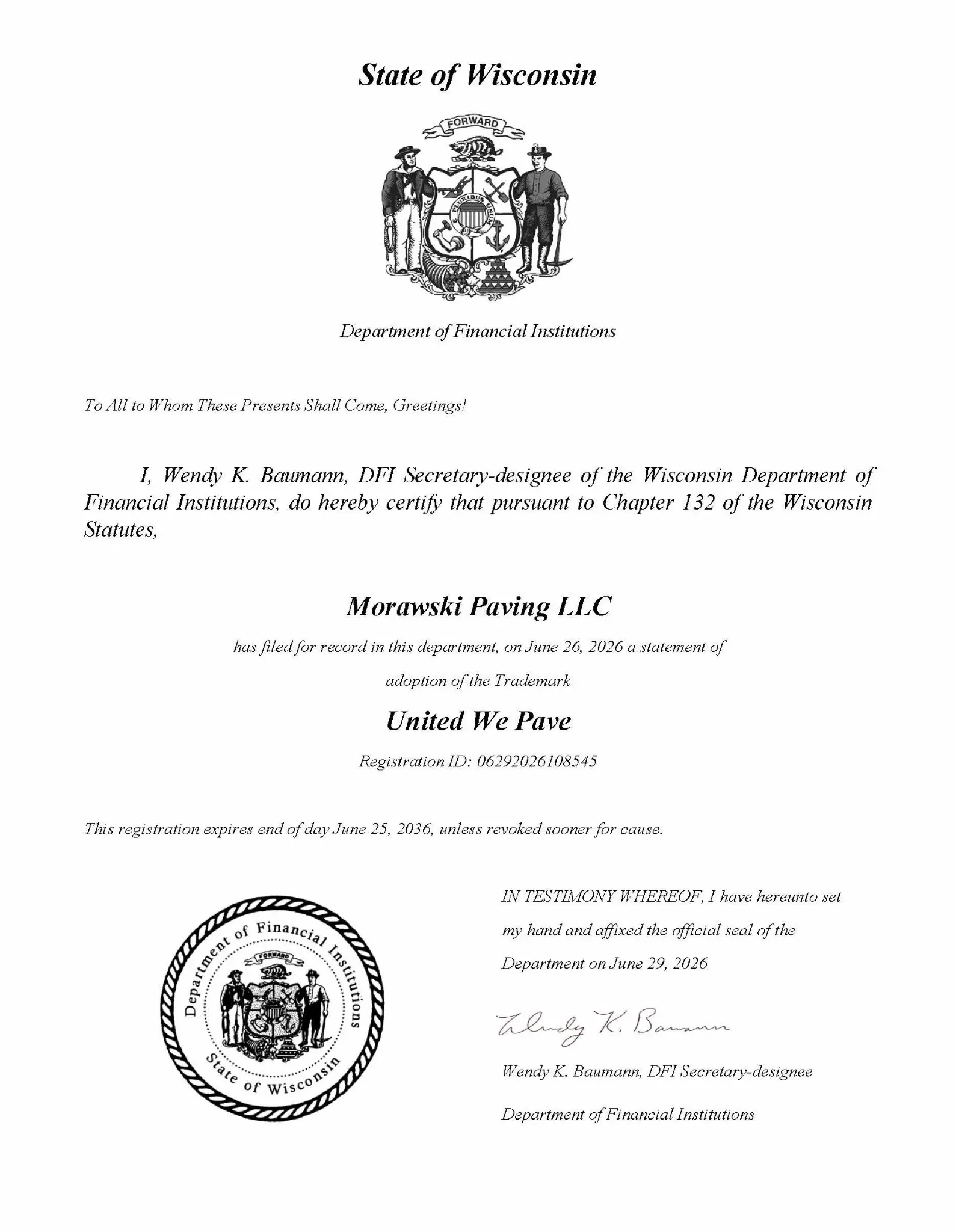 Wisconsin State Trade Mark - United We Pave