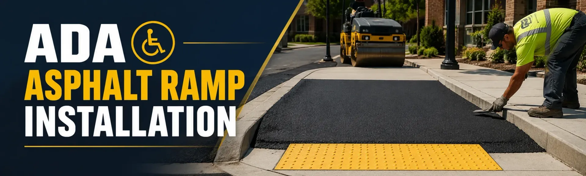 ADA asphalt ramp installation at a commercial building entrance in Franklin, WI, with a yellow detectable warning pad and a smooth accessible transition to the sidewalk.