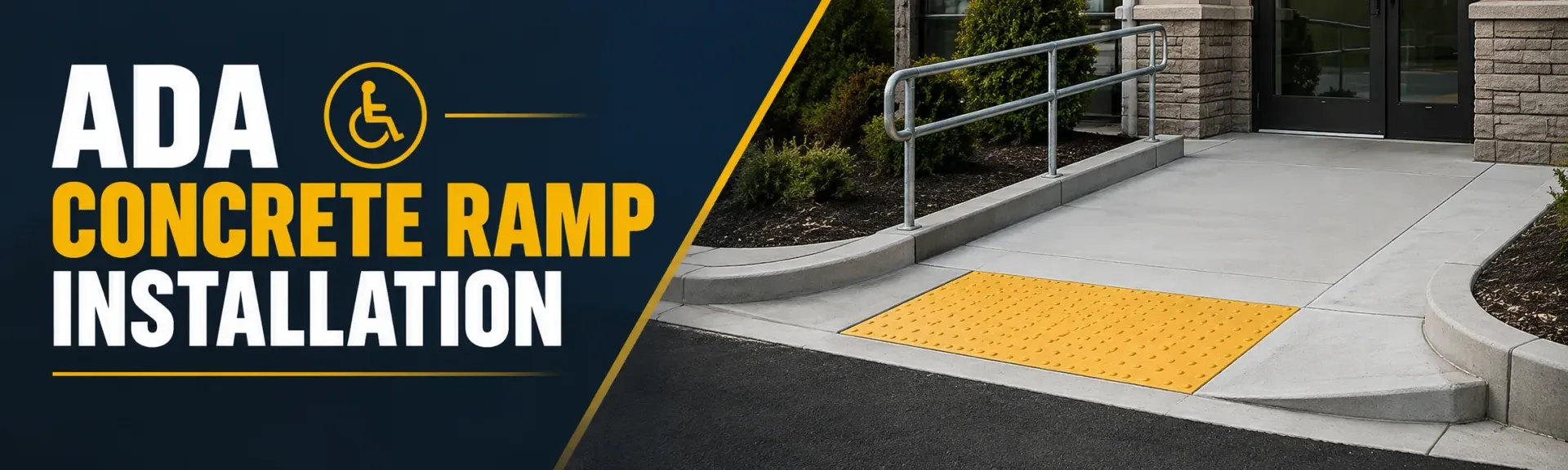 ADA concrete ramp installation at a commercial entrance in Hales Corners, WI, with steel handrails and a yellow detectable warning pad for safe wheelchair access.