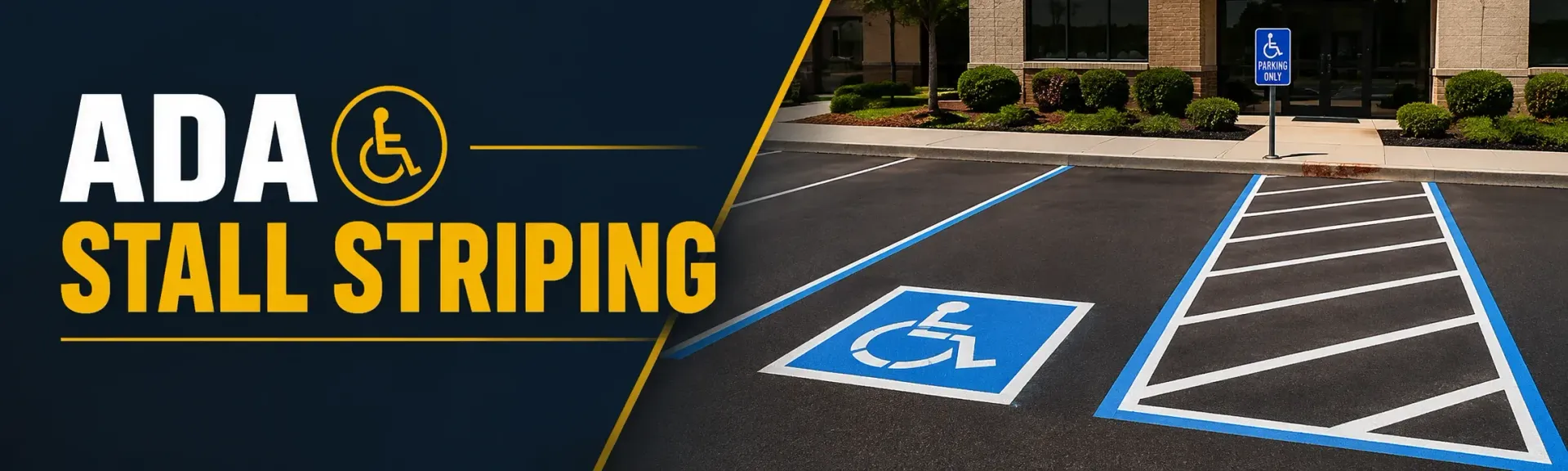 ADA stall striping on a freshly paved commercial parking lot in Muskego, WI, with a blue handicap symbol, access aisle, and an accessible parking sign at the entrance.