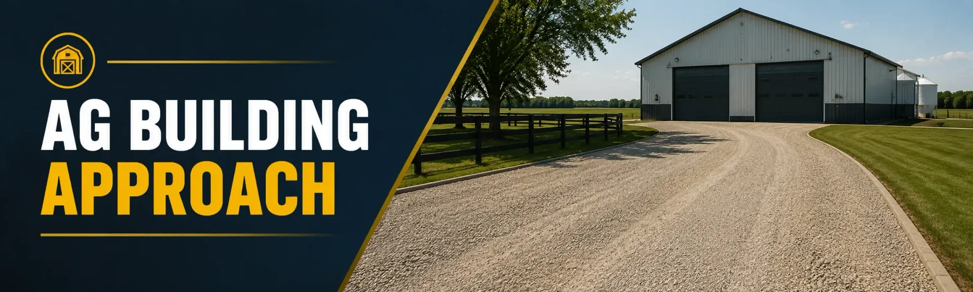 Gravel ag building approach leading to a steel pole barn and grain bin on a farm in Big Bend, WI, with a fenced pasture and a graded crushed-stone driveway.