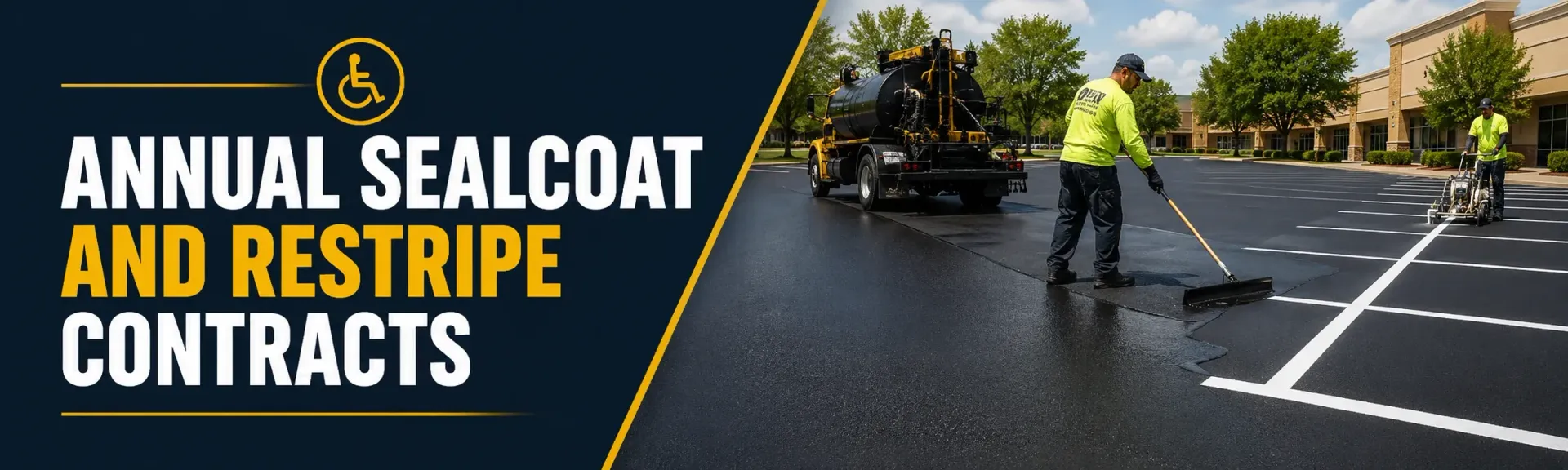 Annual sealcoat and restripe contract crew sealcoating and line striping a commercial parking lot in New Berlin, WI, for a fresh, durable, slip-resistant finish.