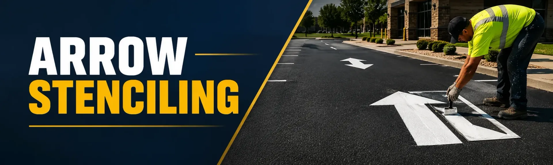 Pavement arrow stenciling on a sealcoated commercial parking lot in Mukwonago, WI, where a striping technician paints crisp white directional traffic-flow arrows.