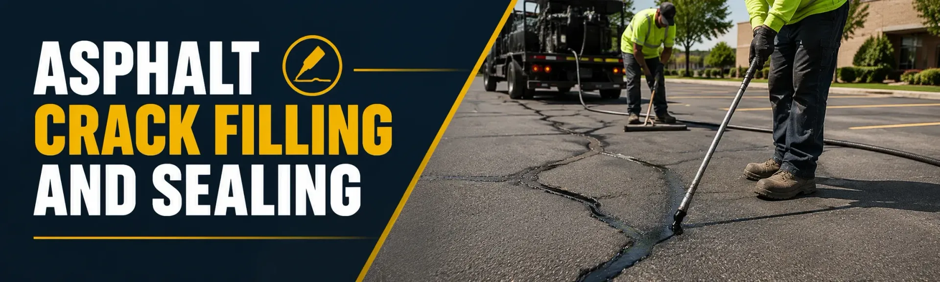 Asphalt crack filling and sealing crew applying hot rubberized sealant to a commercial parking lot in Wind Lake, WI, to stop water damage and extend pavement life.