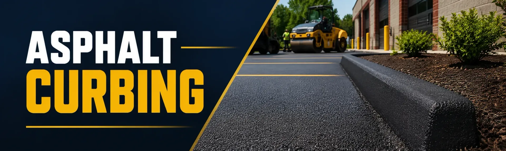 Freshly installed asphalt curbing edging a newly paved commercial parking lot in Greendale, WI, with a roller and crew compacting the lot beside a landscaped bed.