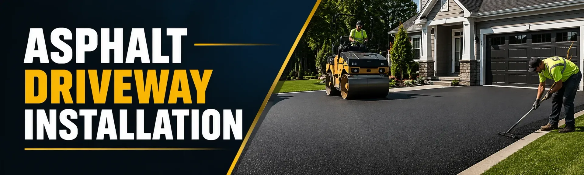Asphalt driveway installation at a residential home in Tess Corners, WI, where a paving crew compacts fresh hot asphalt with a roller for a smooth, durable driveway.