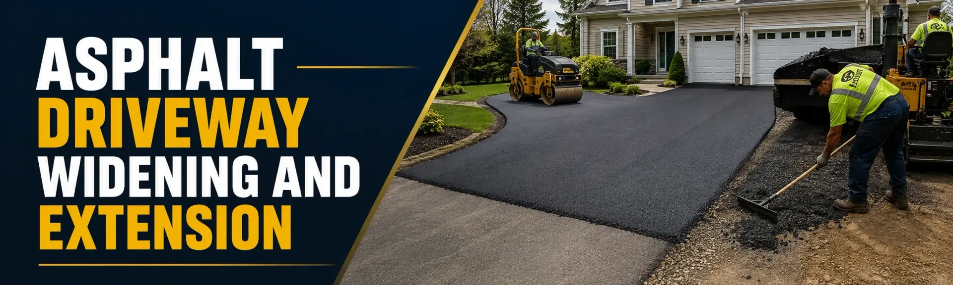 Asphalt driveway widening and extension at a Muskego, WI home, where a paving crew adds and rolls fresh asphalt to expand the existing driveway for added parking.