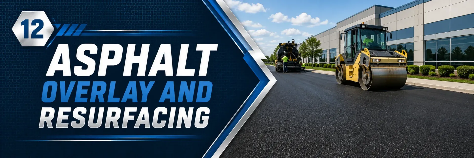 Asphalt overlay and resurfacing crew laying and rolling a fresh asphalt layer over a commercial drive at an office building in Franklin, WI, for a smooth, renewed surface.