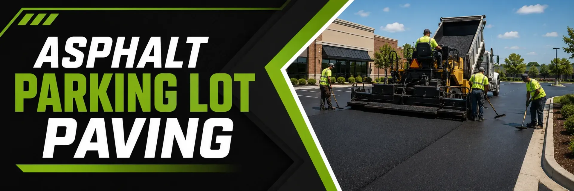 Asphalt parking lot paving crew spreading and raking fresh hot asphalt behind a paver at a retail center in Greendale, WI, building a smooth, durable commercial lot.