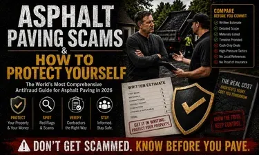 Asphalt paving scam prevention guide showing contractor red flags, a written estimate checklist, and tips to protect your property and money before hiring a paving contractor.