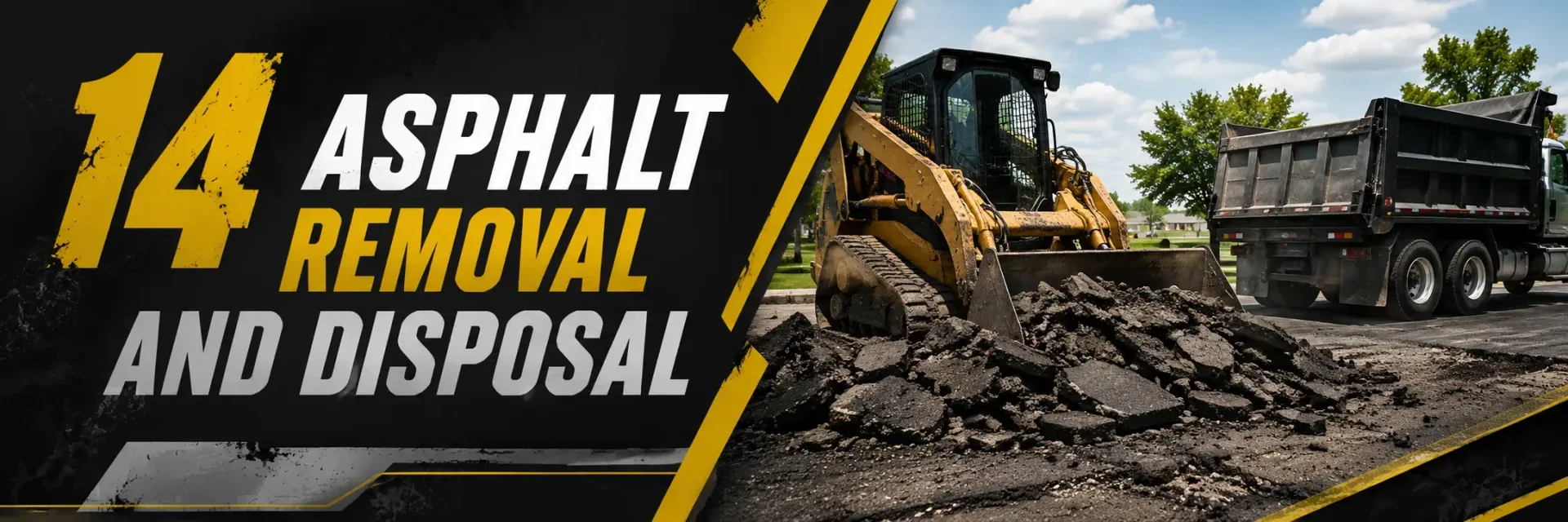 Asphalt removal and disposal crew using a skid steer to break up and haul away old broken pavement into a dump truck on a residential street in Hales Corners, WI.