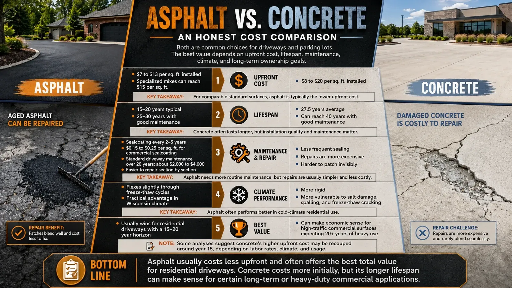 Infographic comparing asphalt vs concrete for driveways and parking lots — upfront cost, lifespan, maintenance, climate performance, and best value