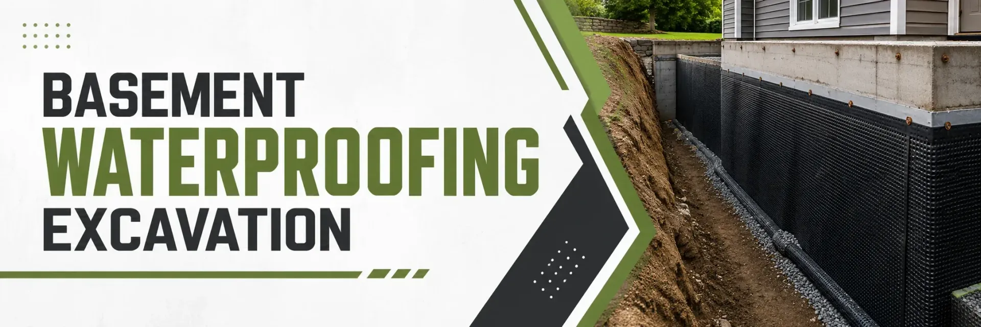 Basement waterproofing excavation along a home foundation in Muskego, WI, with a dimple drainage membrane and gravel-filled trench installed to keep the basement dry.
