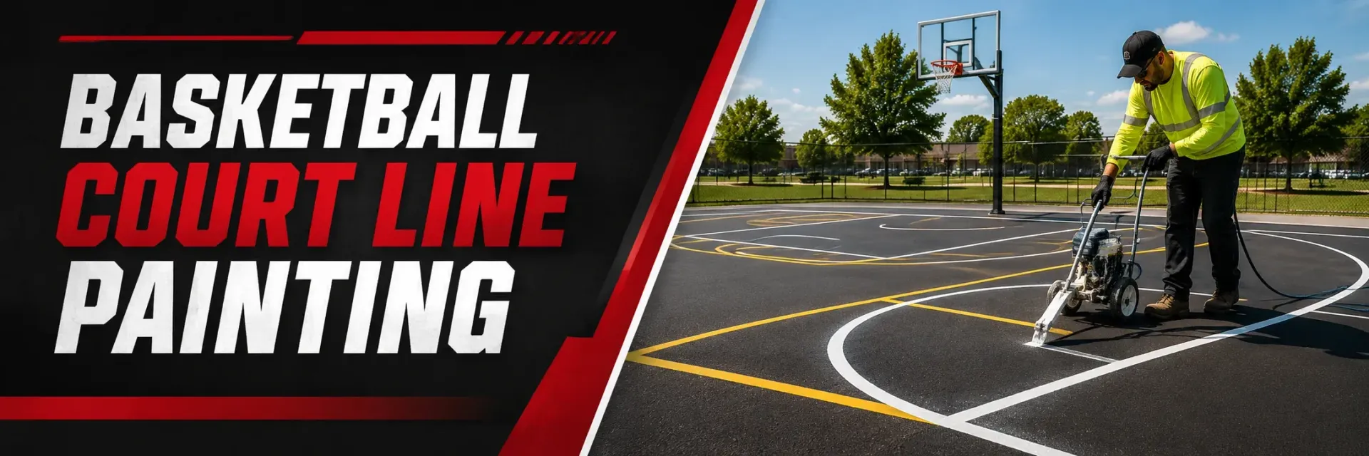 Basketball court line painting in progress on a freshly sealed outdoor court in Wind Lake, WI, where a striper paints crisp white and yellow boundary and key lines.