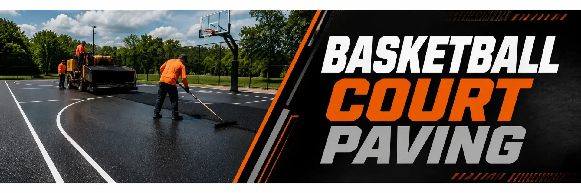 Basketball court paving crew smoothing fresh asphalt with a paver and squeegee on a new outdoor court in Mukwonago, WI, creating a level surface ready for striping.