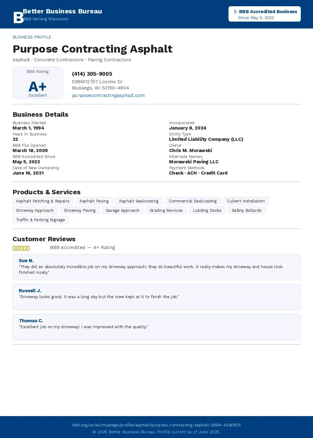 BBB A+ Accredited Business profile for Purpose Contracting Asphalt — woman-owned asphalt contractor in Muskego, Wisconsin
