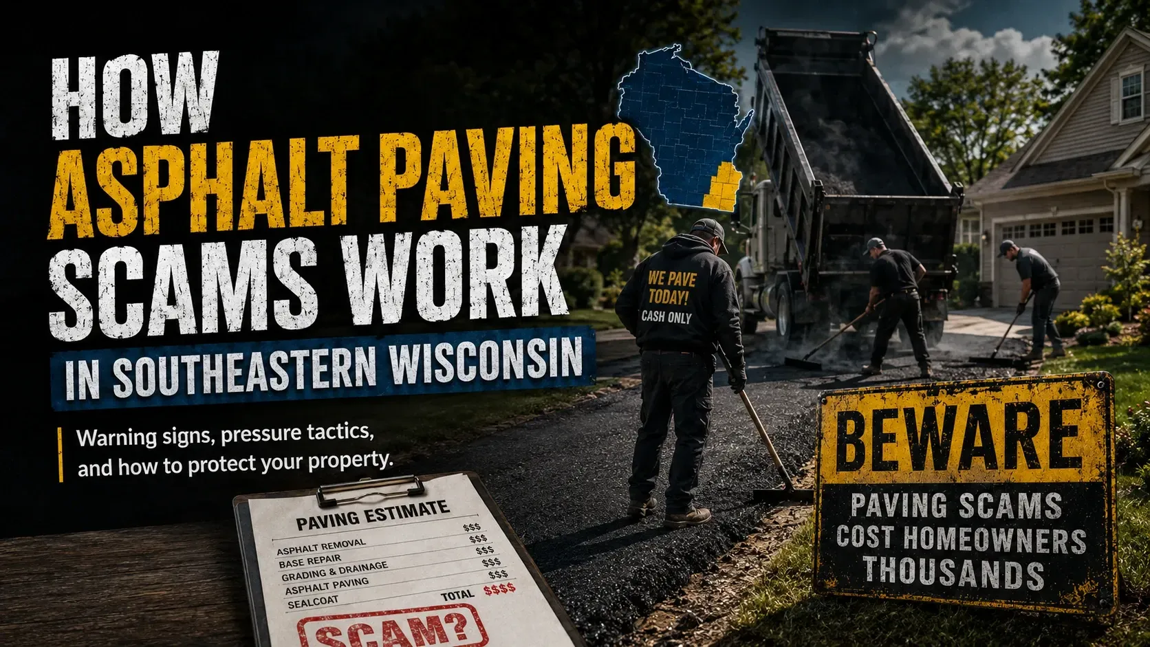 Infographic: how asphalt paving scams work in southeastern Wisconsin — warning signs, pressure tactics, and how to protect yourself