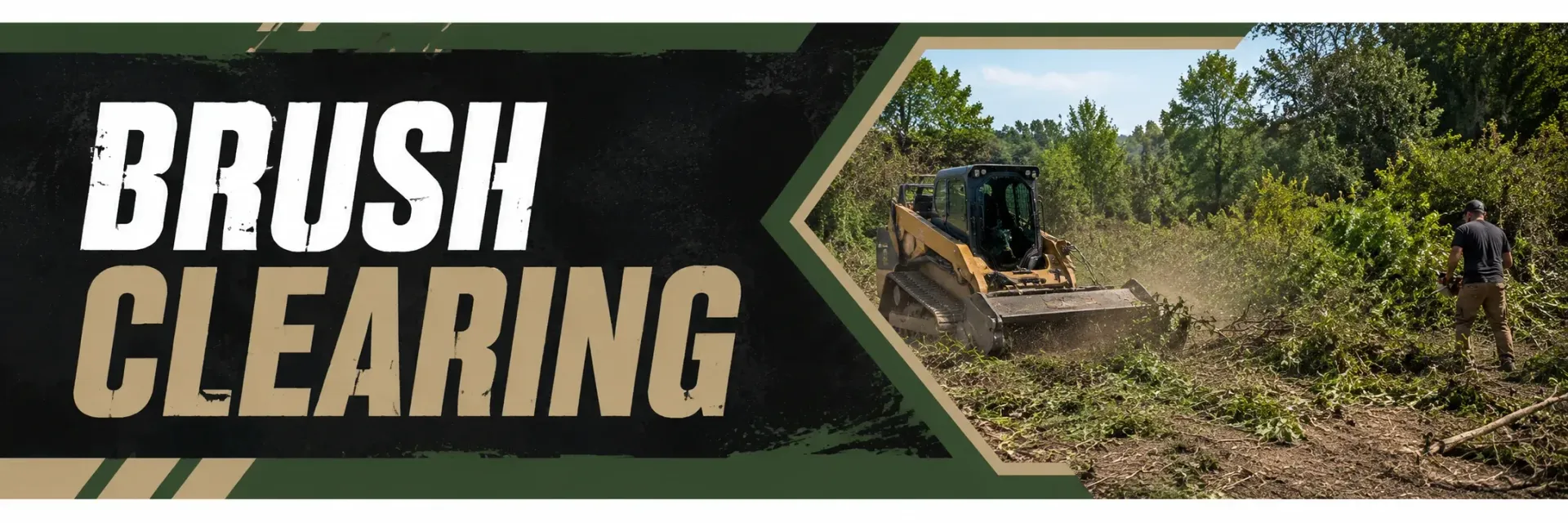 Brush clearing with a tracked skid steer forestry mulcher cutting through dense overgrowth and small trees on a wooded property in Big Bend, WI, to reclaim usable land.
