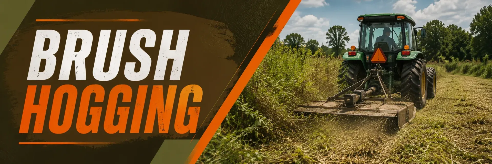 Brush hogging an overgrown field with a tractor and rotary cutter mowing down tall weeds and brush in Tess Corners, WI, to restore a clean, maintained rural property.