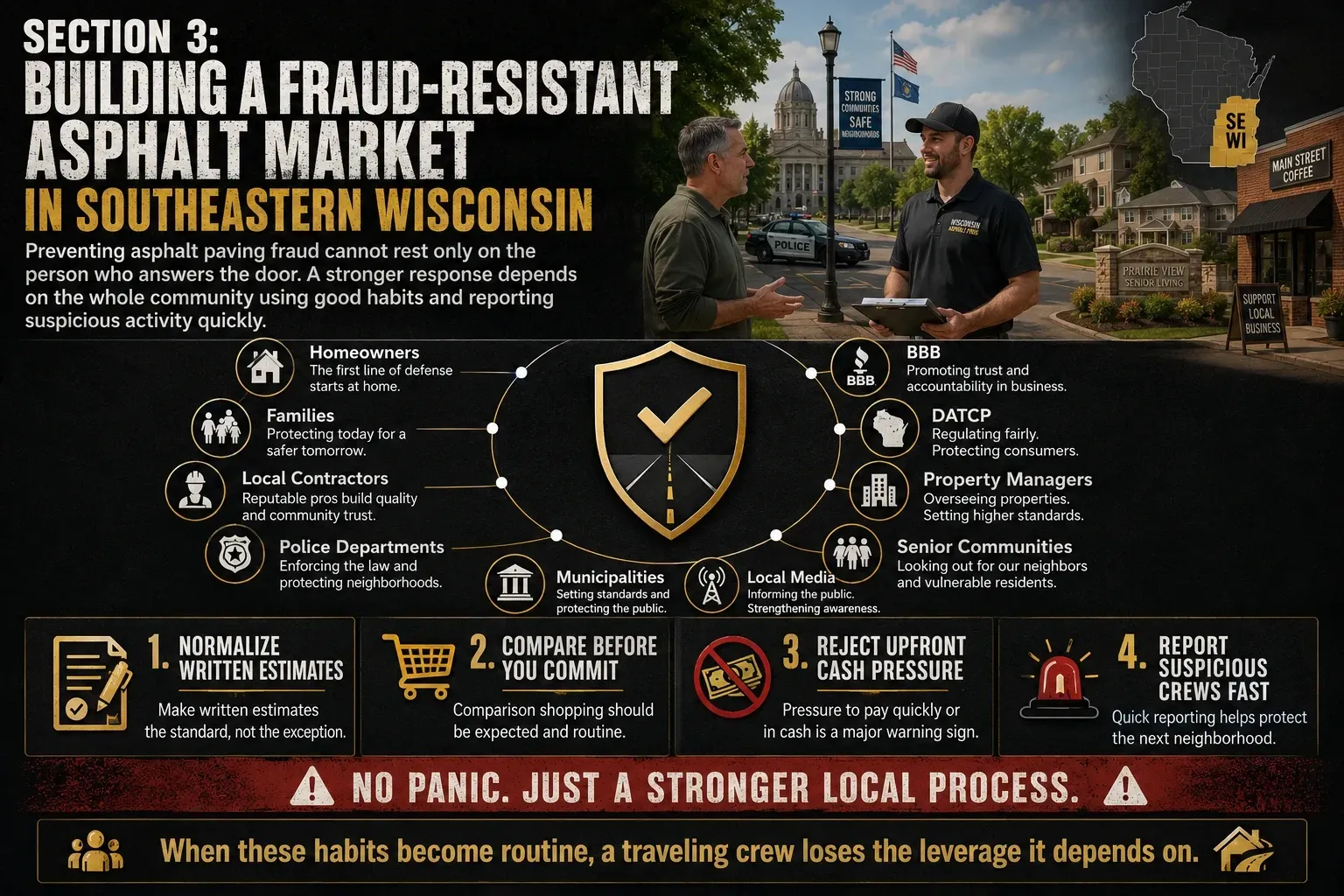 Infographic: building a fraud-resistant asphalt market in southeastern Wisconsin — stronger local process, no panic, community-driven