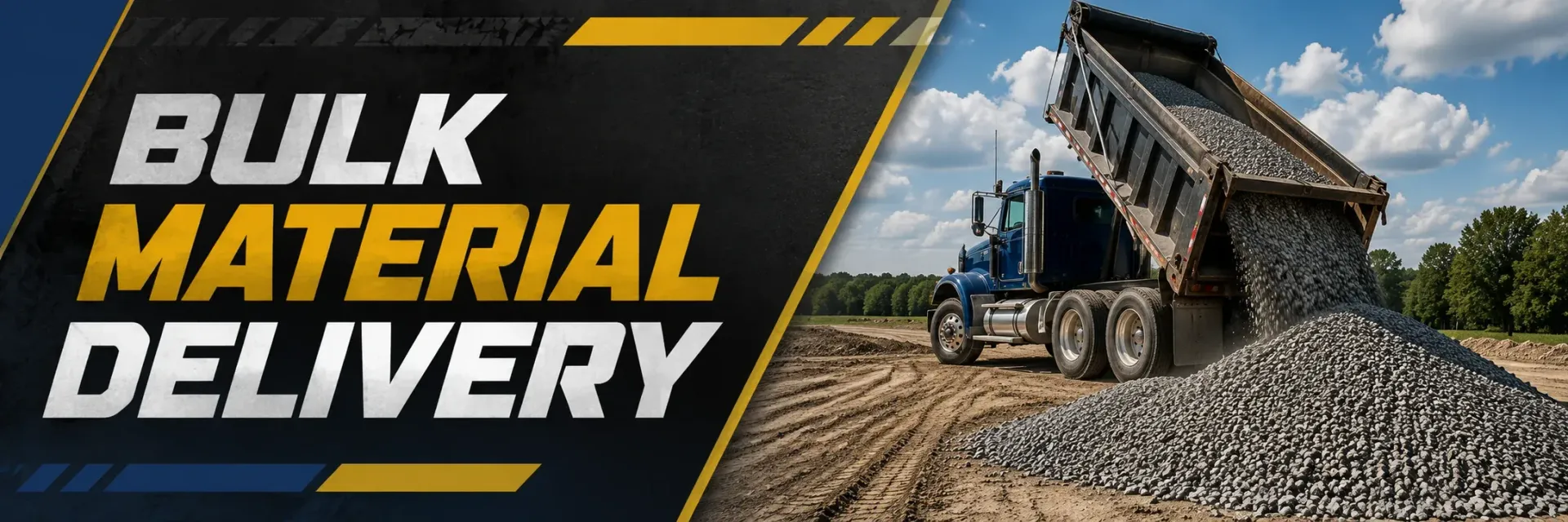 Bulk material delivery dump truck unloading a load of crushed gravel aggregate at a job site in New Berlin, WI, supplying stone for driveway, base, and paving projects.