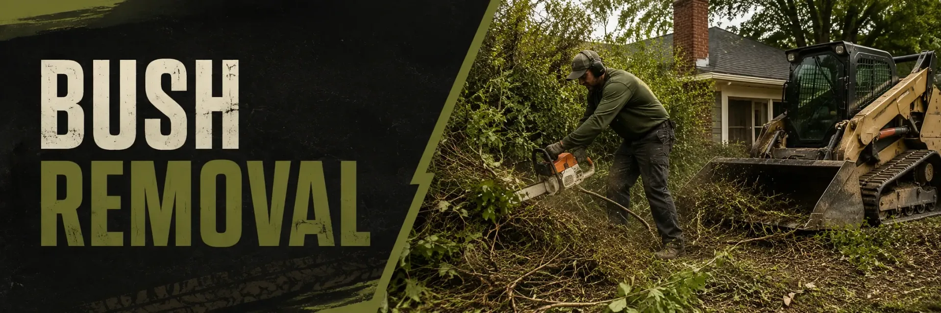 Bush removal at a residential property in Vernon, WI, where a crew uses a skid steer and hand tools to tear out overgrown shrubs and roots and clear the beds for a clean yard.
