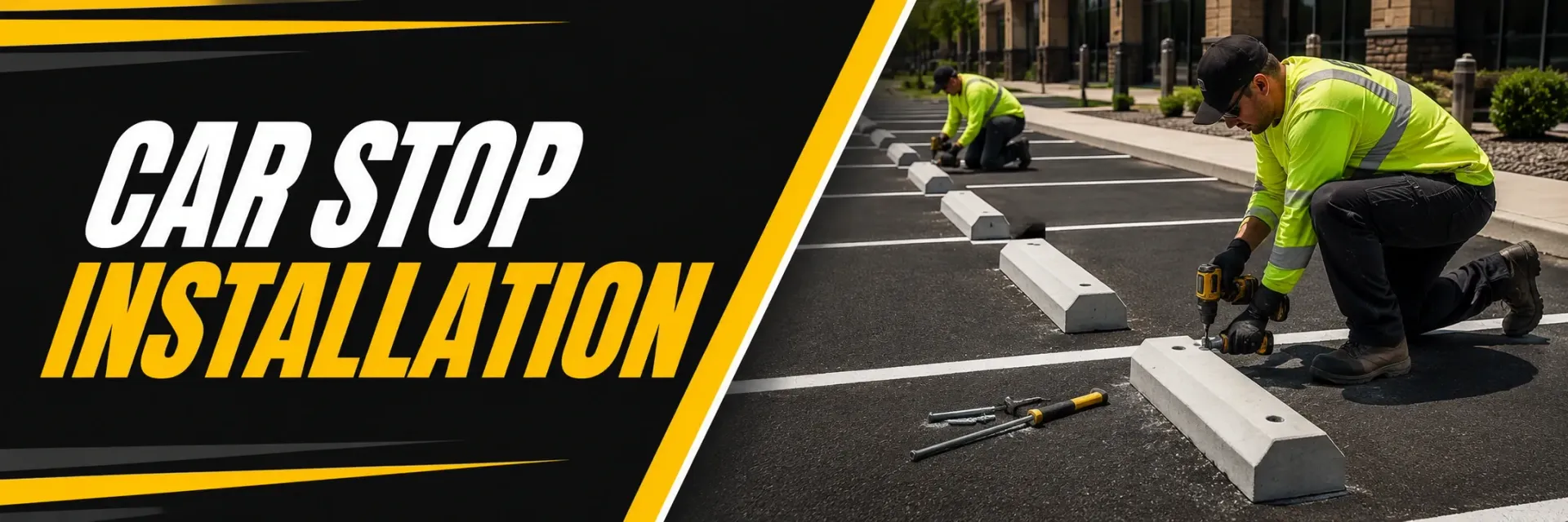 Car stop installation in a commercial parking lot in Greendale, WI, where a crew sets and pins precast concrete wheel stops along freshly striped stalls.