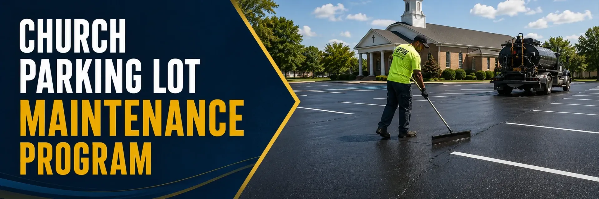 Church parking lot maintenance program in Mukwonago, WI, where a crew sealcoats and restripes the lot to keep the church entrance safe, clean, and welcoming for members.